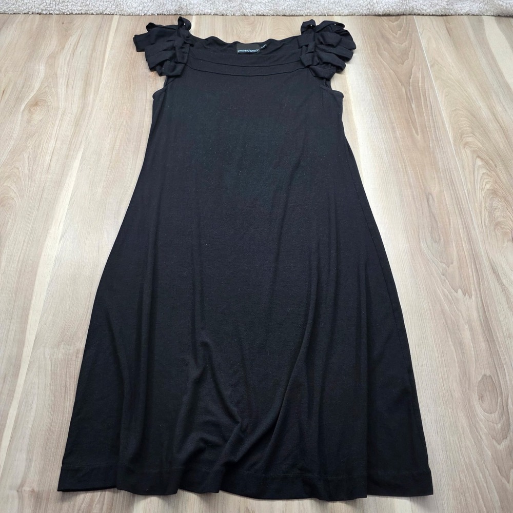Cynthia Rowley Dress Ruffle Cap Sleeve Black Knit A-Line Mid Length Size M Women